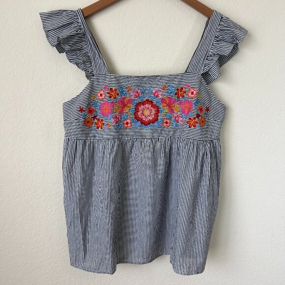 Savanna Jane Top Womens Medium Striped Floral Embroidered Ruffle Summer Tank M - Picture 1 of 9